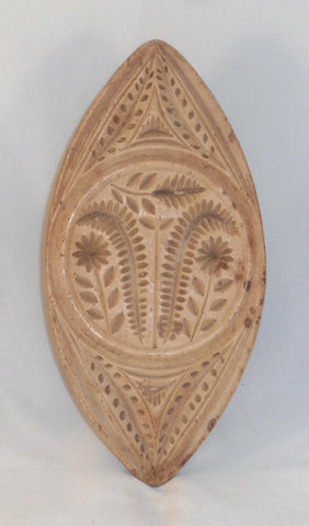 Old Welsh Carved Wood Elongated Butter Print Tulip & Star Flowers Flattened Grip