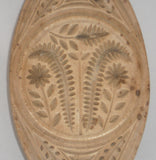 Old Welsh Carved Wood Elongated Butter Print Tulip & Star Flowers Flattened Grip