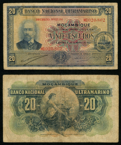 April 6, 1937 Mozambique 20 Escudos Banknote P74 Banco Nacional Ultamarino F