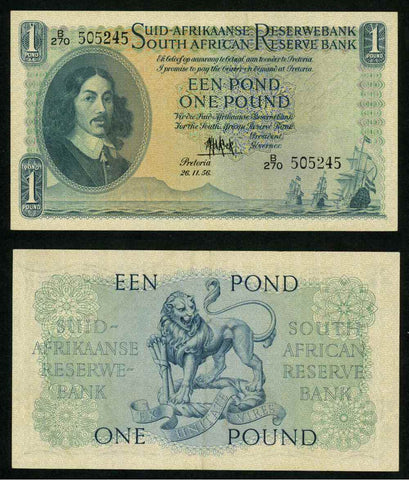 Currency 1956 South African Reserve Bank One Pound Banknote Van Riebeeck P# 93e