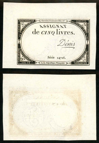 1793 France Assignat 5 Livres Republic Second Issue Uncirculated Banknote P# A76
