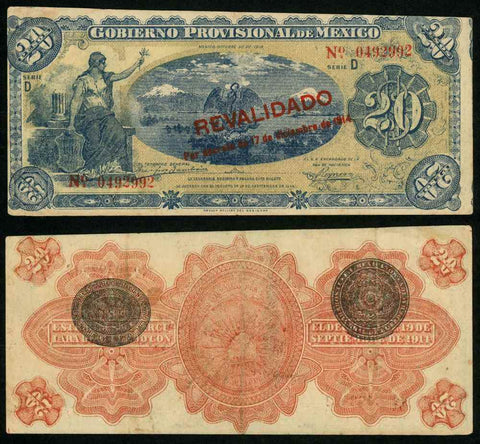 10.20.1914 Gobierno Provisional De Mexico 20 Pesos Revalidado Banknote P# S705