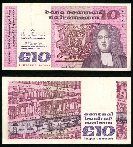 1992 Ireland Republic Ten Pounds Banknote Jonathan Swift Image Prefix LHB VF