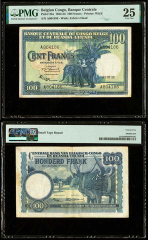 1952 Belgian Congo & Ruanda-Urundi Bank 100 Francs Banknote Elephants PMG VF 25