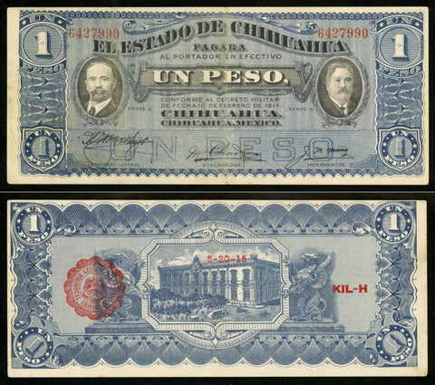 1915 Currency Series A State Chihuahua Mexico One Peso Banknote PS530e Nice VF