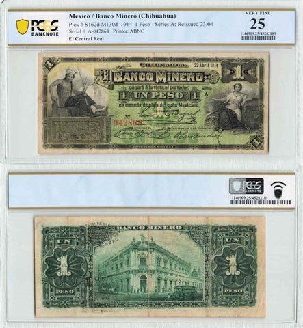 1914 State of Chihuahua Mexico El Banco Minero One Peso Banknote P S162d VF 25