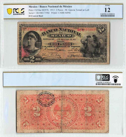 1913 Banco Nacional De Mexico two Pesos Banknote Series RO P #S256a PCGS F 12