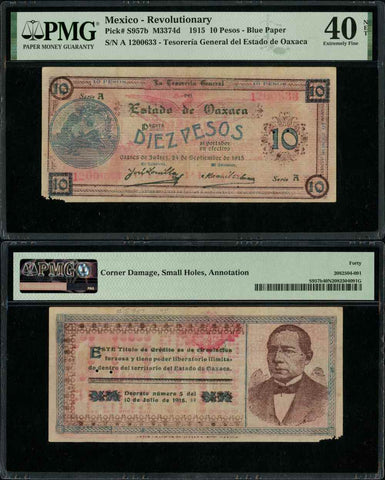 1915 Oaxaca State Mexico Series A 10 Pesos Banknote P#957b Blue Paper XF 40 Net
