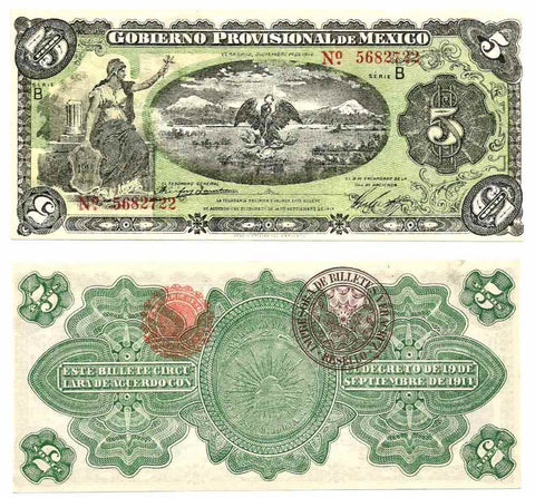 12.1.1914 Gobierno Provisional De Mexico Vera Cruz 5 Pesos Banknote M3972 UNC