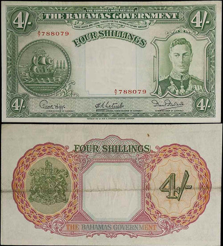 The Bahamas Government 1947 Four Shillings Banknote P# 9e King George VI VF