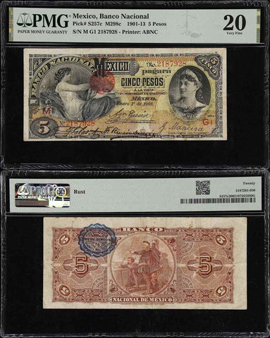 1908 Banco Nacional De Mexico Five Pesos Banknote Series GI P #S257c PMG VF 20