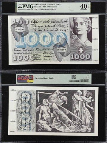 1961 Banknote Switzerland 1000 Francs Dance Macabre P# 52e PMG EF 40 EPQ