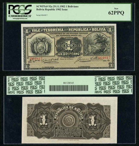 1902 Banknote from Bolivia One or Un Boliviano Jungle Foliage P92a New 62PPQ