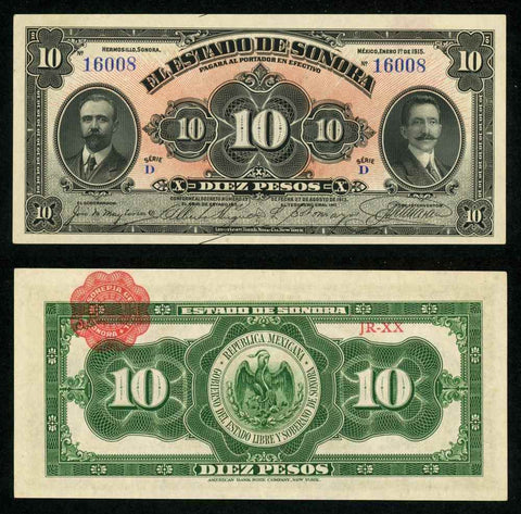 Sonora Mexico 10 Pesos Banknote January 1, 1915 Pick S1073 Crisp Uncirculated