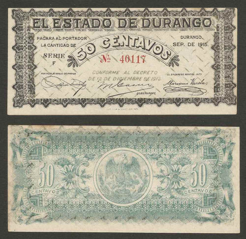 September 1915 Mexico's State of Durango 50 Centavos Pick Number S749 Series F Nice Crisp Uncirculated Banknote
