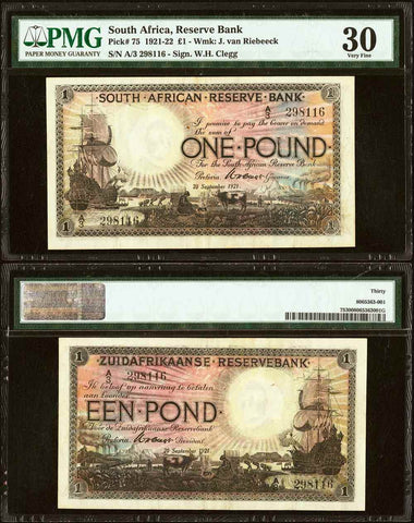 1921 South African Reserve Bank One Pound Banknote Sailing Ship P# 75 PMG VF 30