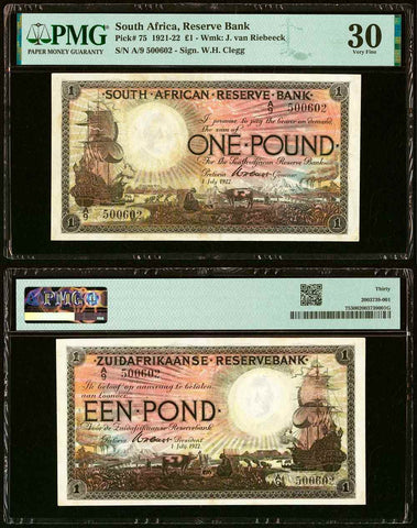 1922 South African Reserve Bank One Pound Banknote Sailing Ship P# 75 PMG VF 30