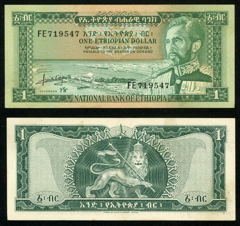1966 ND Currency Ethiopia One Dollar Banknote Emperor Haile Selassie P#25a XF++