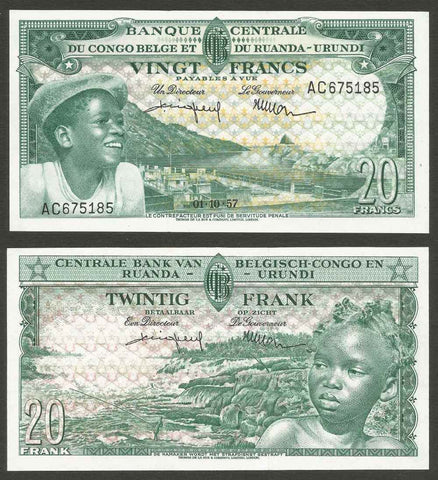 1957 Belgian Congo and Ruanda-Urundi Central Bank 20 Francs Banknote Crisp UNC