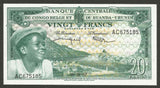 1957 Belgian Congo and Ruanda-Urundi Central Bank 20 Francs Banknote Crisp UNC