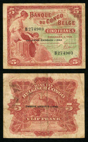 Bank of Belgian Congo Deuxieme Emission-1942 Five Francs Banknote Pick Number 13 Nice Fine or Better