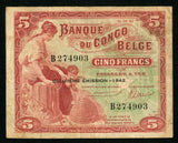 Bank of Belgian Congo Deuxieme Emission-1942 Five Francs Banknote Pick Number 13 Nice Fine or Better