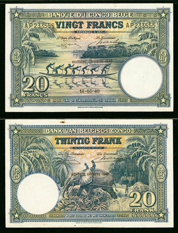 1949 Bank of Belgian Congo Twenty Francs Banknote P 15G Choice Extremely Fine 45
