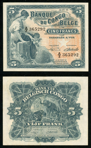 1949 Bank of Belgian Congo Five Francs Banknote P #13B Crisp Uncirculated