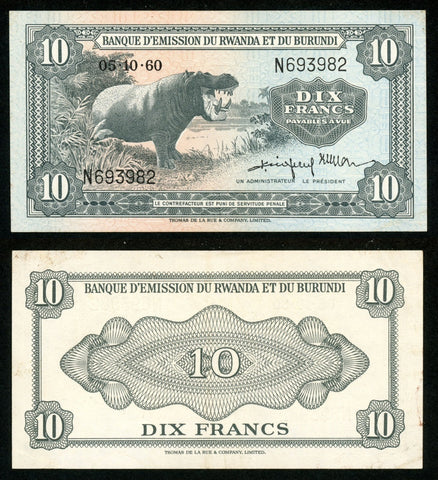 1960 Rwanda and Burundi Ten Francs Banknote Pick Number 2a Choice Extremely Fine