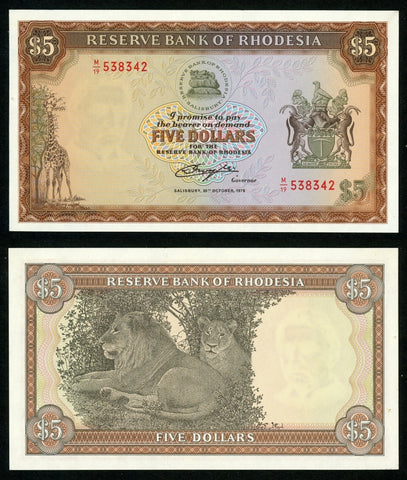 1978 Reserve Bank of Rhodesia 5 Dollars Banknote P #36b Apparent Uncirculated