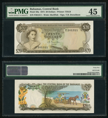L1974 The Central Bank of The Bahamas 20 Dollars Banknote P# 39a Choice XF