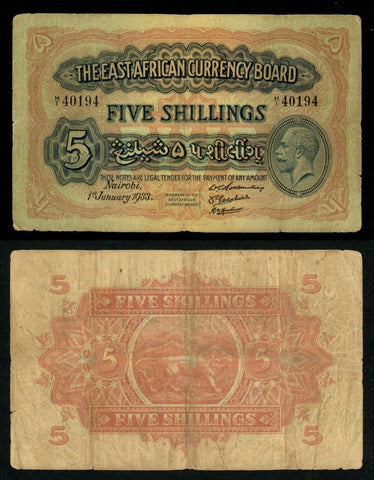 1933 East African Currency Board Five Shillings Banknote Pick Number 20 Nice F++