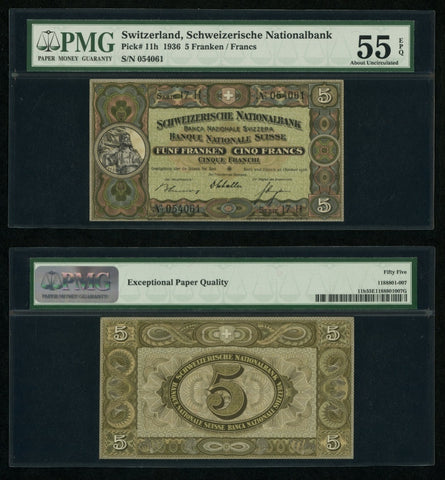 1936 Switzerland Banknote 5 Francs Currency William Tell Pick# 11h PMG AU 55 EPQ