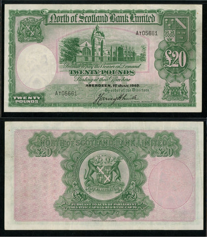 1940 North of Scotland Bank Ltd. 20 Pounds Sterling Banknote P# S646 PMG VF 25