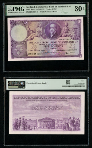 1953 Commercial Bank of Scotland Ltd Five Pounds Sterling Banknote P# S333 VF 30