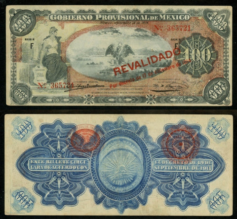 1914 Mexico Provisional Government 100 Pesos Revalidated Banknote Pick No. S709b