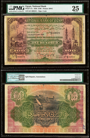 1936 Egypt One Hundred Pounds Banknote Pick No. 17c Signed Edward Cook PMG VF 25