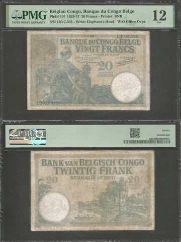Rare 1929 Bank of Belgian Congo 20 Francs Banknote Pick No. 10f PMG Fine 12
