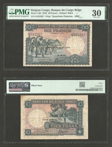 June 10, 1944 Bank of the Belgian Congo Ten Francs Banknote Pick 14D PMG VF 30