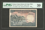 June 10, 1944 Bank of the Belgian Congo Ten Francs Banknote Pick 14D PMG VF 30