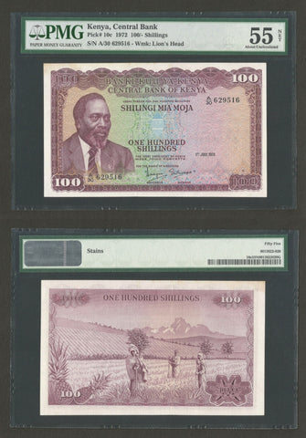 1972 Central Bank of Kenya 100 Shillings Banknote Pick 10c Jomo Kenyatta AU 55