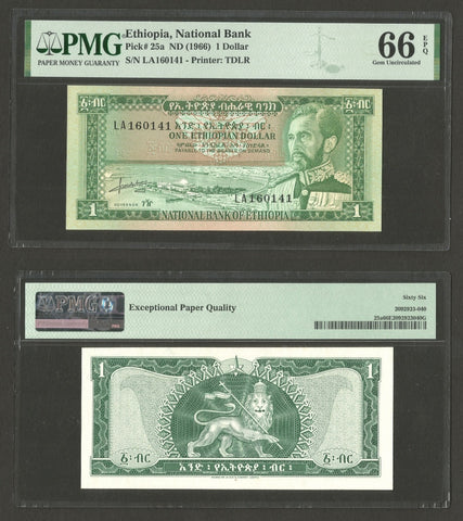 1966 ND Ethiopia One Dollar Banknote Emperor Haile Selassie P#25a PMG 66 EPQ