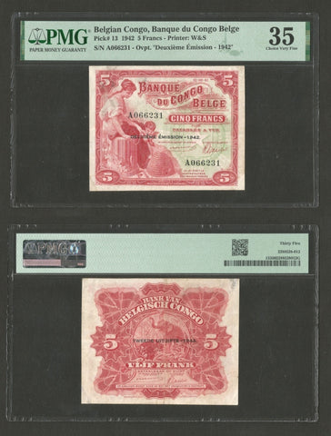 Bank of Belgian Congo 5 Francs Banknote Deuxieme Emission-1942 P#13 Choice VF 35