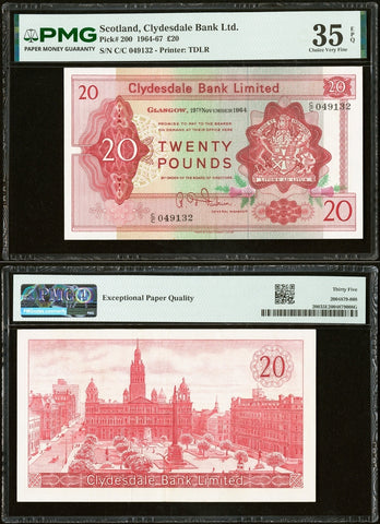 1964 Scotland Clydesdale Bank Ltd 20 Pounds Banknote P 200 PMG Choice VF 35 EPQ
