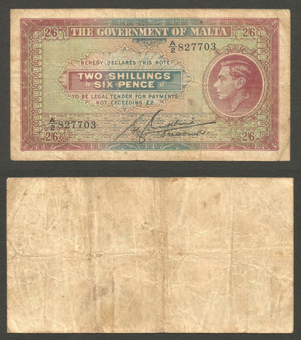 1940 ND Government of Malta Two Shillings Six Pence Banknote Pick Number 18 VF