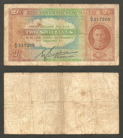 1942 ND Government of Malta Two Shillings Banknote Pick Number 17c Very Fine