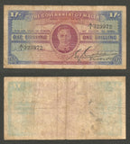 1943 ND Government of Malta One Shilling Banknote Pick Number 16 Good Fine