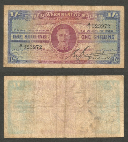 1943 ND Government of Malta One Shilling Banknote Pick Number 16 Good Fine