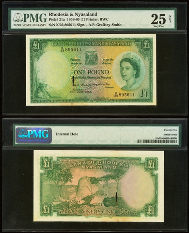 1958 Bank of Rhodesia and Nyasaland One Pound Banknote Pick Number 21a VF 25