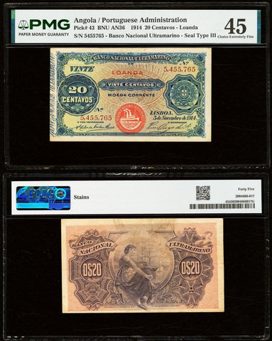 1914 Angola Banknote Banco Nacional Ultramarino 20 Centavos P # 43Choice EF 45